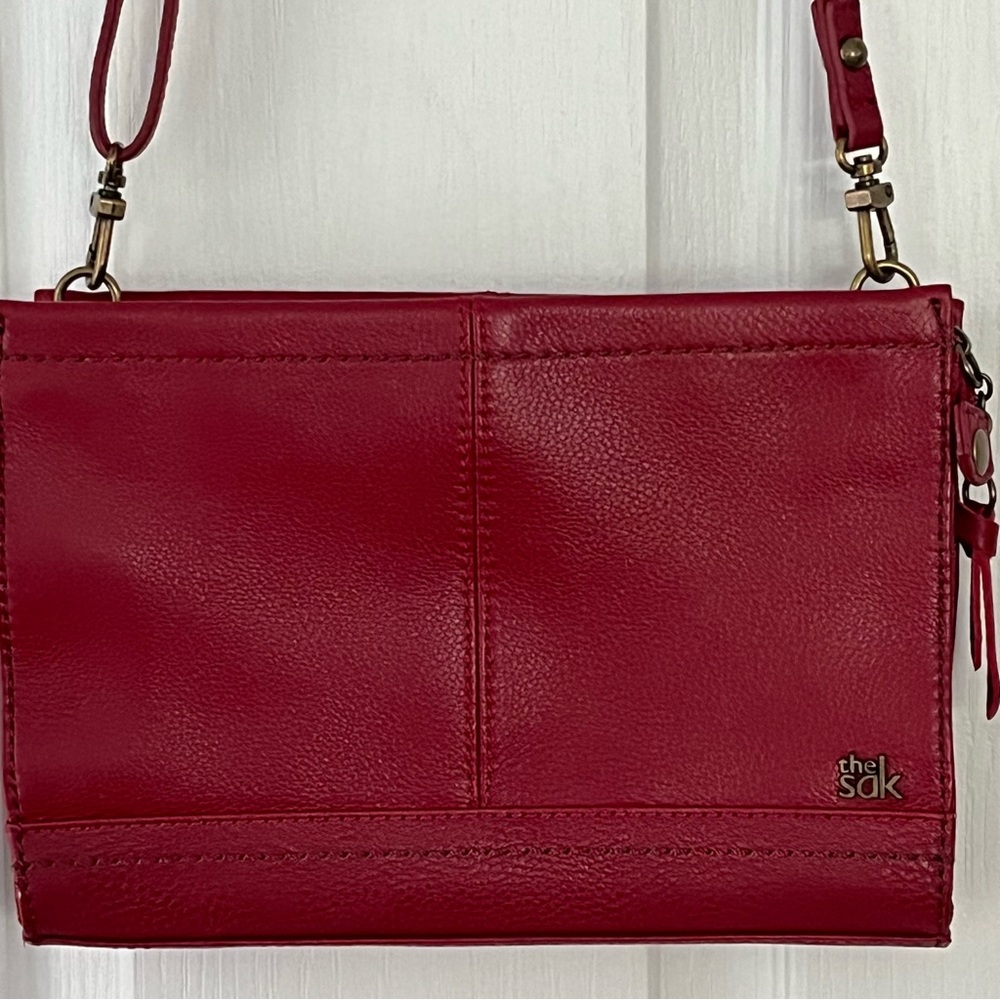 The SAK Iris Demi Red 100% Leather Clutch / Shoulder Cross-body Bag 3 way